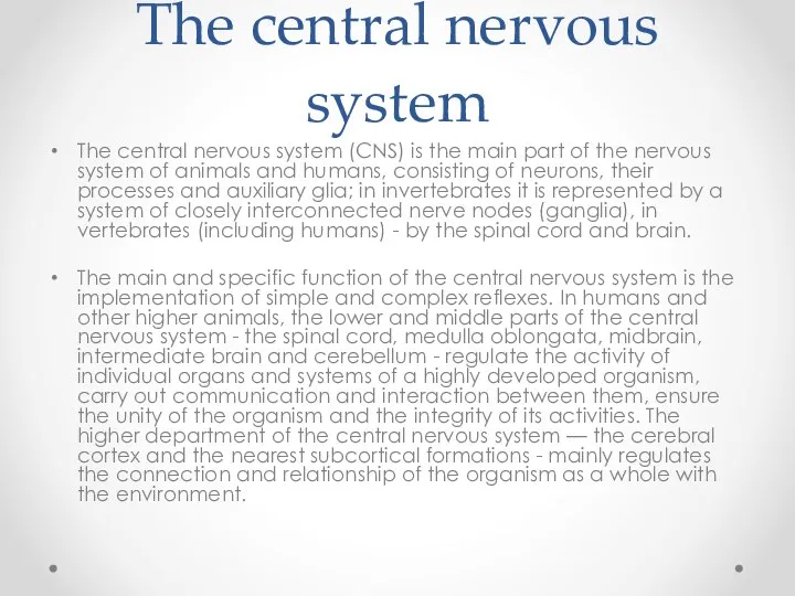 The central nervous system The central nervous system (CNS) is the main