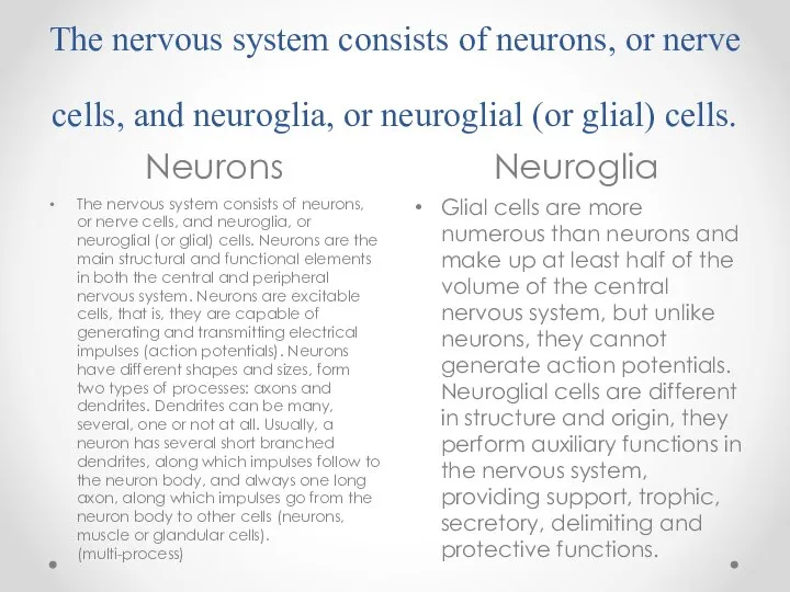 The nervous system consists of neurons, or nerve cells, and neuroglia, or