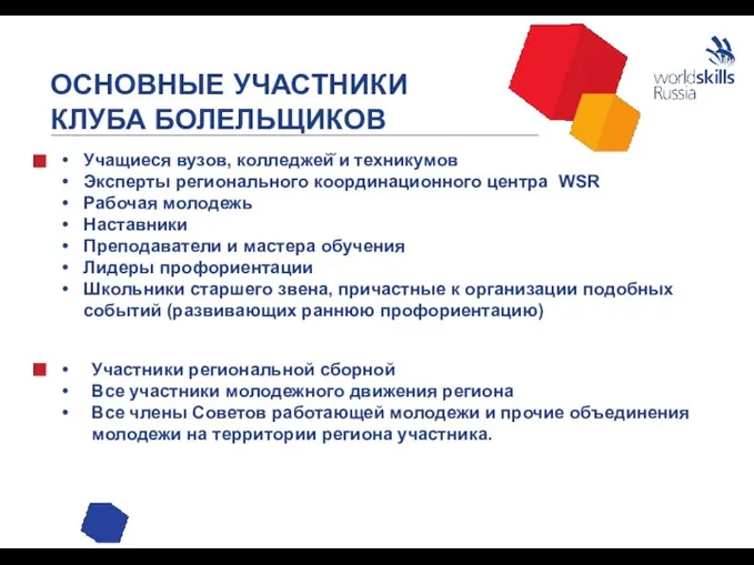 ОСНОВНЫЕ УЧАСТНИКИ КЛУБА БОЛЕЛЬЩИКОВ Учащиеся вузов, колледжей̆ и техникумов Эксперты регионального координационного