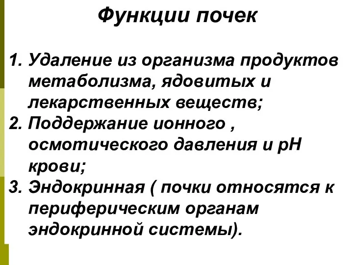 Функции почек 1. Удаление из организма продуктов метаболизма, ядовитых и лекарственных веществ;