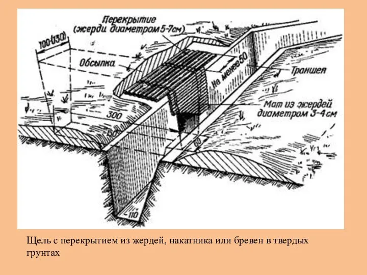 Щель с перекрытием из жердей, накатника или бревен в твердых грунтах