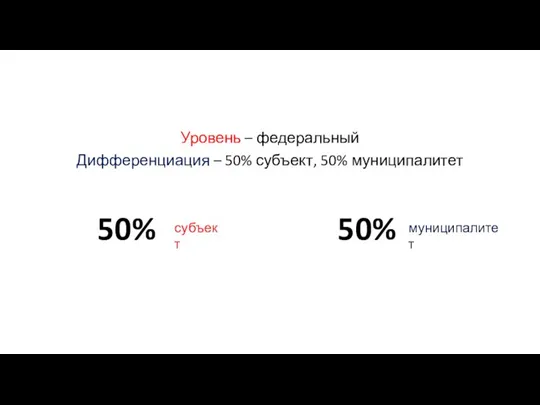 Уровень – федеральный Дифференциация – 50% субъект, 50% муниципалитет 50% 50% субъект муниципалитет