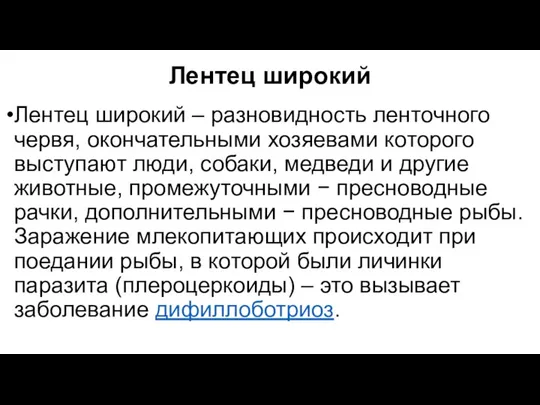 Лентец широкий Лентец широкий – разновидность ленточного червя, окончательными хозяевами которого выступают