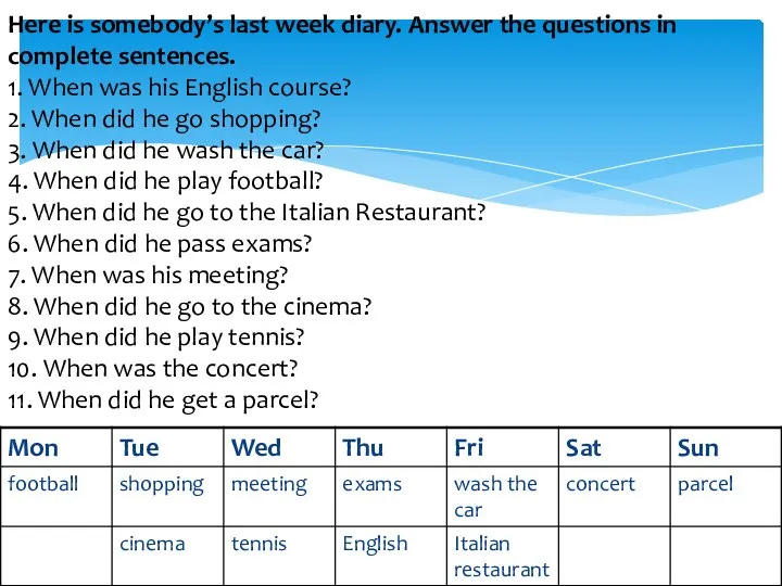 Here is somebody’s last week diary. Answer the questions in complete sentences.