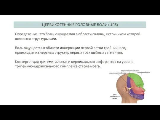 ЦЕРВИКОГЕННЫЕ ГОЛОВНЫЕ БОЛИ (ЦГБ) Определение: это боль, ощущаемая в области головы, источником