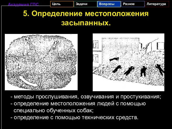 5. Определение местоположения засыпанных. - методы прослушивания, озвучивания и простукивания; - определение