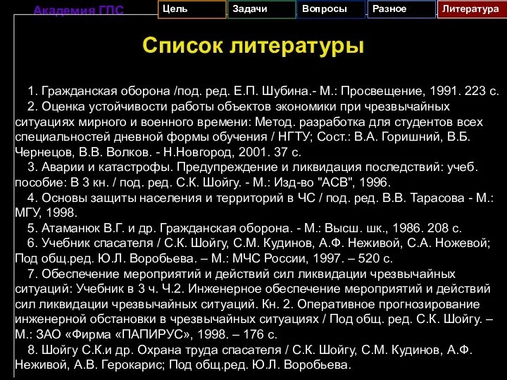 1. Гражданская оборона /под. ред. Е.П. Шубина.- М.: Просвещение, 1991. 223 с.