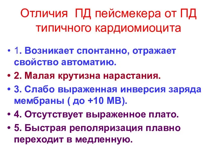 Отличия ПД пейсмекера от ПД типичного кардиомиоцита 1. Возникает спонтанно, отражает свойство