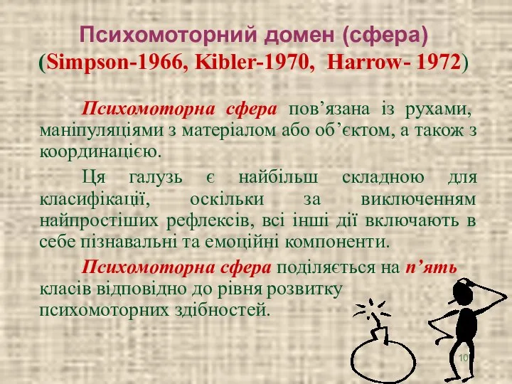 Психомоторний домен (сфера) (Simpson-1966, Kibler-1970, Harrow- 1972) Психомоторна сфера пов’язана із рухами,