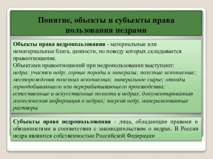 Понятие, объекты и субъекты права пользования недрами Объекты права недропользования - материальные