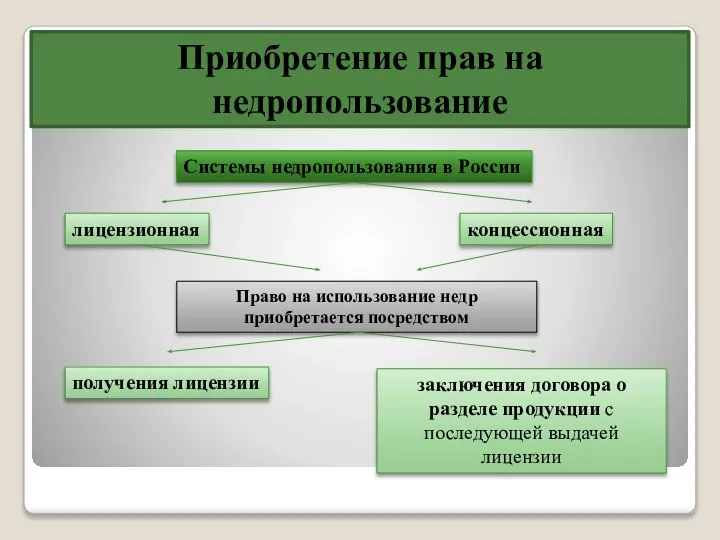 Приобретение прав на недропользование Системы недропользования в России лицензионная концессионная Право на