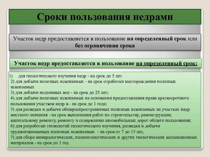 Сроки пользования недрами Участок недр предоставляется в пользование на определенный срок или