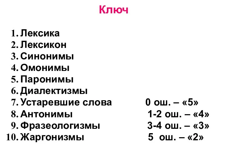 Ключ Лексика Лексикон Синонимы Омонимы Паронимы Диалектизмы Устаревшие слова 0 ош. –