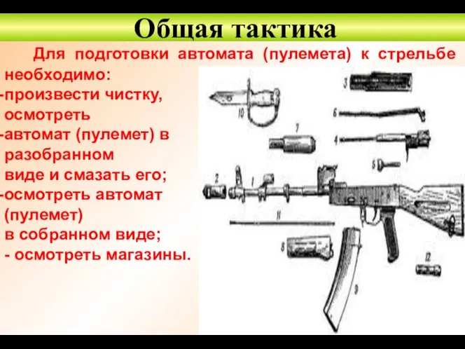 Общая тактика Для подготовки автомата (пулемета) к стрельбе необходимо: произвести чистку, осмотреть