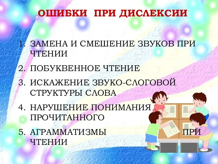 ОШИБКИ ПРИ ДИСЛЕКСИИ ЗАМЕНА И СМЕШЕНИЕ ЗВУКОВ ПРИ ЧТЕНИИ ПОБУКВЕННОЕ ЧТЕНИЕ ИСКАЖЕНИЕ