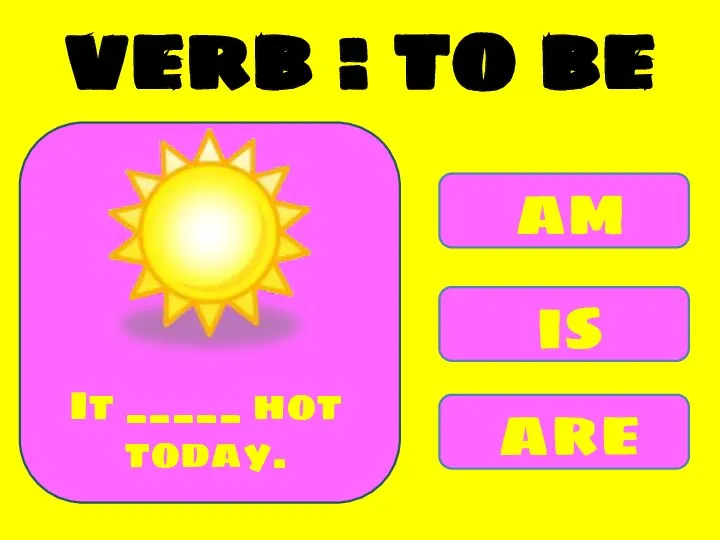 am is are It _____ hot today. verb : to be