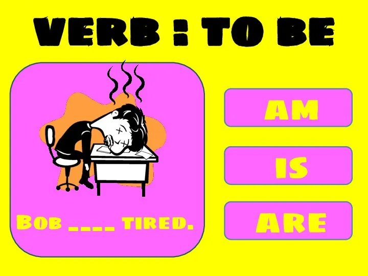 am is are Bob ____ tired. verb : to be