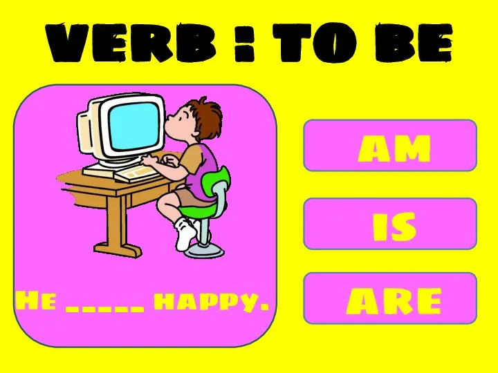 am is are He _____ happy. verb : to be