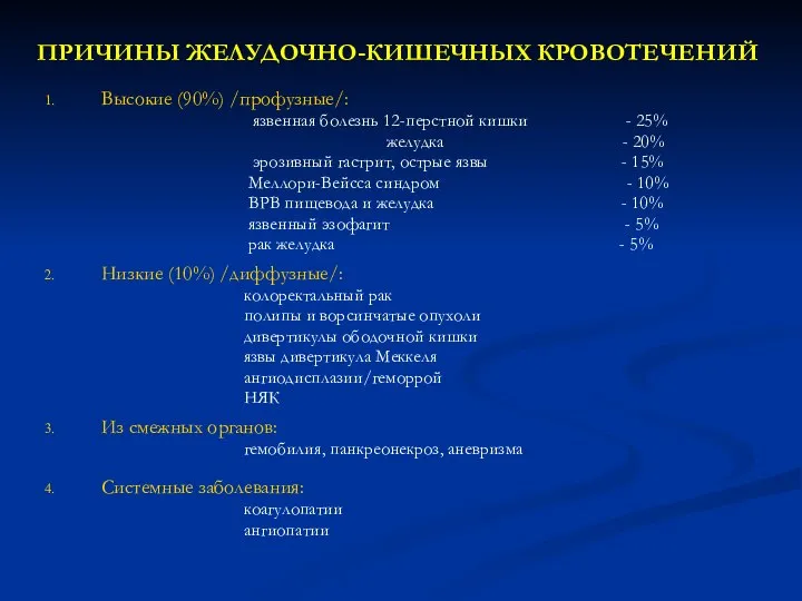 ПРИЧИНЫ ЖЕЛУДОЧНО-КИШЕЧНЫХ КРОВОТЕЧЕНИЙ Высокие (90%) /профузные/: язвенная болезнь 12-перстной кишки - 25%