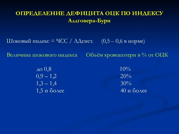 ОПРЕДЕЛЕНИЕ ДЕФИЦИТА ОЦК ПО ИНДЕКСУ Аллговера-Бури Шоковый индекс = ЧСС / АДсист.