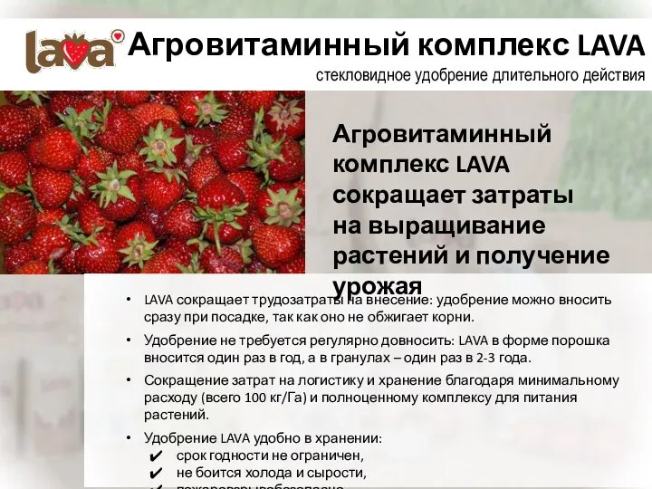 Агровитаминный комплекс LAVA стекловидное удобрение длительного действия LAVA сокращает трудозатраты на внесение: