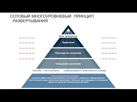 СОТОВЫЙ МНОГОУРОВНЕВЫЙ ПРИНЦИП РАЗВЕРТЫВАНИЯ КАЧЕСТВО ОТВЕТСТВЕННОСТЬ ВЗАИМОВЫГОДНОСТЬ ЭФФЕКТИВНОСТЬ СВОБОДА Цель развертывания системы: