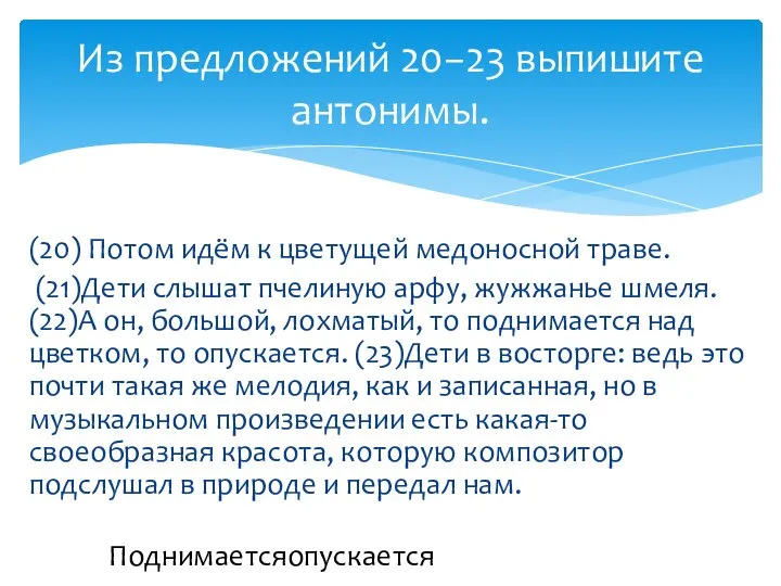 (20) Потом идём к цветущей медоносной траве. (21)Дети слышат пчелиную арфу, жужжанье