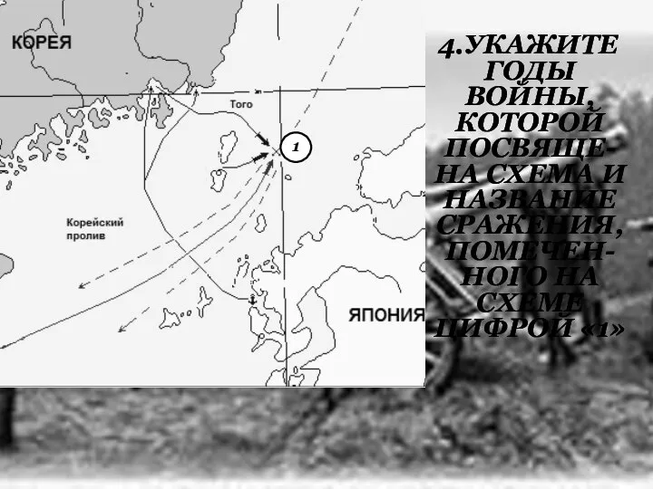 4.УКАЖИТЕ ГОДЫ ВОЙНЫ, КОТОРОЙ ПОСВЯЩЕ-НА СХЕМА И НАЗВАНИЕ СРАЖЕНИЯ, ПОМЕЧЕН-НОГО НА СХЕМЕ ЦИФРОЙ «1» 1