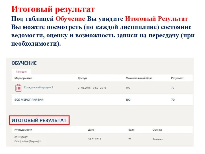 Итоговый результат Под таблицей Обучение Вы увидите Итоговый Результат Вы можете посмотреть