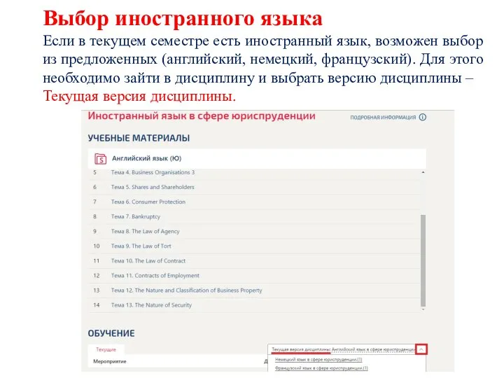 Выбор иностранного языка Если в текущем семестре есть иностранный язык, возможен выбор