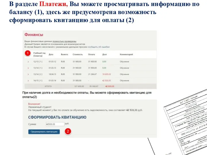 В разделе Платежи, Вы можете просматривать информацию по балансу (1), здесь же