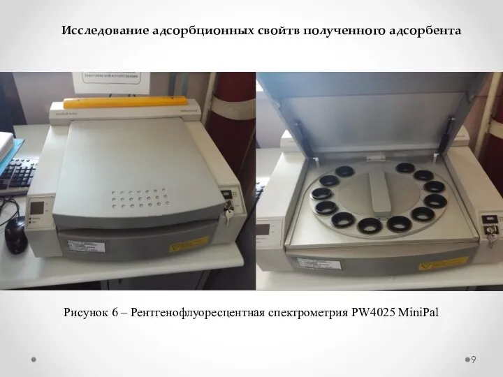 Рисунок 6 – Рентгенофлуоресцентная спектрометрия PW4025 MiniPal Исследование адсорбционных свойтв полученного адсорбента