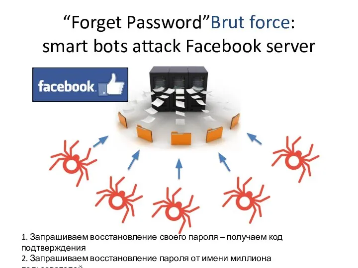 “Forget Password”Brut force: smart bots attack Facebook server 1. Запрашиваем восстановление своего