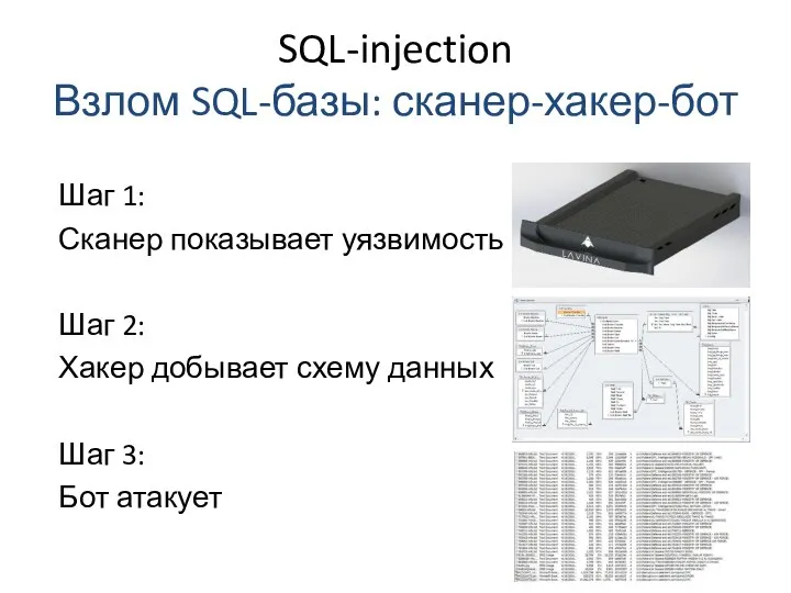 SQL-injection Взлом SQL-базы: сканер-хакер-бот Шаг 1: Сканер показывает уязвимость Шаг 2: Хакер