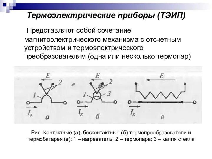 Термоэлектрические приборы (ТЭИП) Представляют собой сочетание магнитоэлектрического механизма с отсчетным устройством и