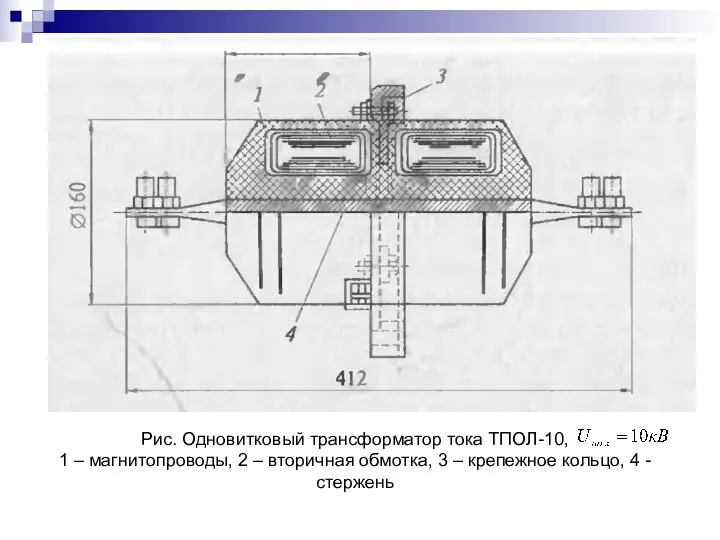 Рис. Одновитковый трансформатор тока ТПОЛ-10, 1 – магнитопроводы, 2 – вторичная обмотка,