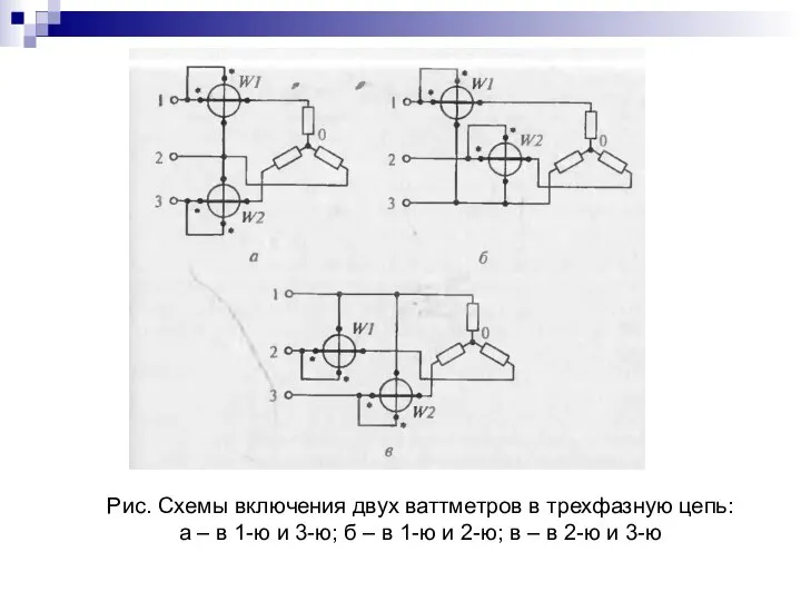 Рис. Схемы включения двух ваттметров в трехфазную цепь: а – в 1-ю