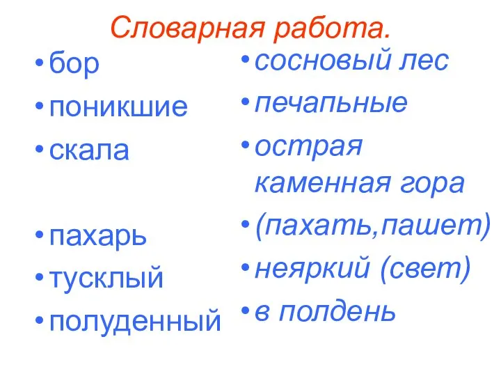 Словарная работа. бор поникшие скала пахарь тусклый полуденный сосновый лес печапьные острая