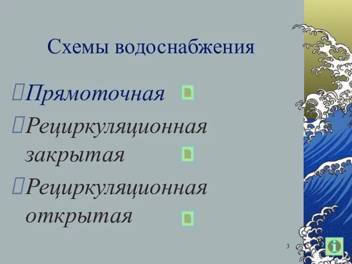 Схемы водоснабжения Прямоточная Рециркуляционная закрытая Рециркуляционная открытая