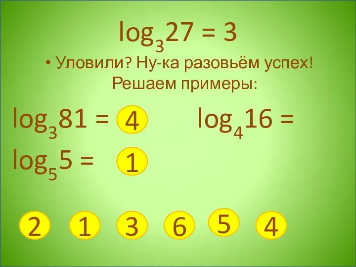 log327 = 3 Уловили? Ну-ка разовьём успех! Решаем примеры: log381 = log416