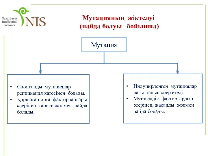 Мутацияның жіктелуі (пайда болуы бойынша) Мутация Индуцирленген мутациялар бағытталып әсер етеді. Мутагендік