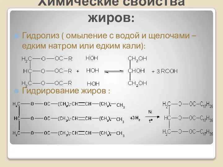 Химические свойства жиров: Гидролиз ( омыление с водой и щелочами – едким