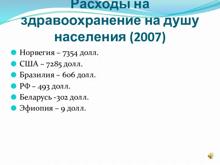 Расходы на здравоохранение на душу населения (2007) Норвегия – 7354 долл. США