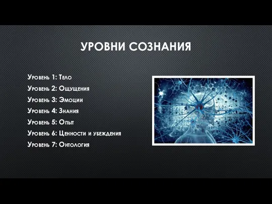 УРОВНИ СОЗНАНИЯ Уровень 1: Тело Уровень 2: Ощущения Уровень 3: Эмоции Уровень