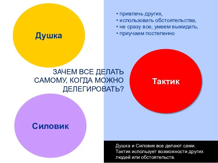 Силовик Душка Тактик ЗАЧЕМ ВСЕ ДЕЛАТЬ САМОМУ, КОГДА МОЖНО ДЕЛЕГИРОВАТЬ? Душка и