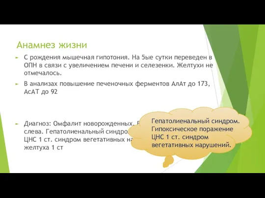 Анамнез жизни С рождения мышечная гипотония. На 5ые сутки переведен в ОПН