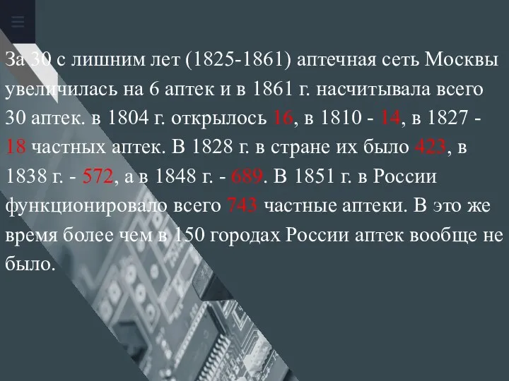 За 30 с лишним лет (1825-1861) аптечная сеть Москвы увеличилась на 6