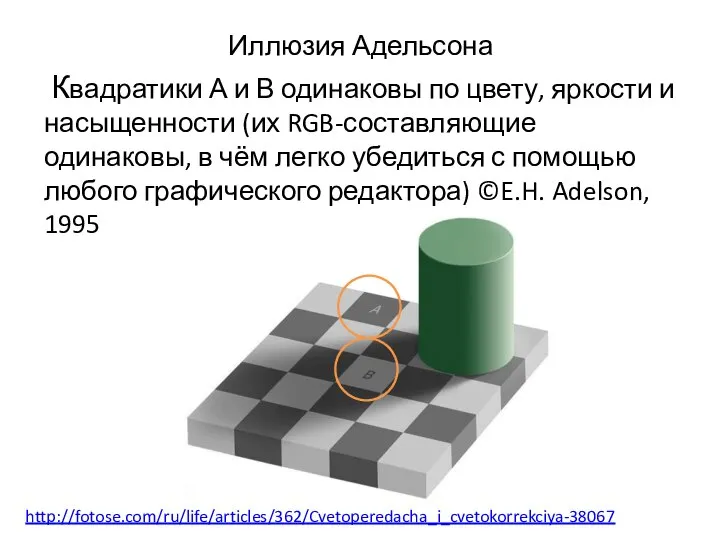 Иллюзия Адельсона Квадратики А и В одинаковы по цвету, яркости и насыщенности
