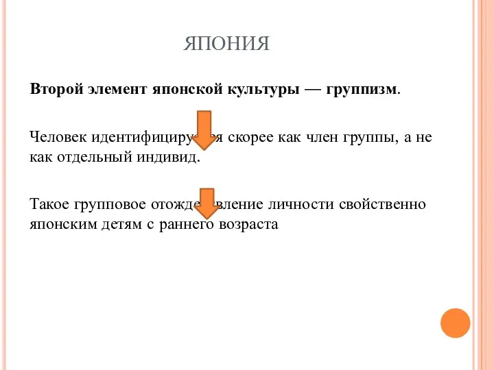 ЯПОНИЯ Второй элемент японской культуры — группизм. Человек идентифицируется скорее как член