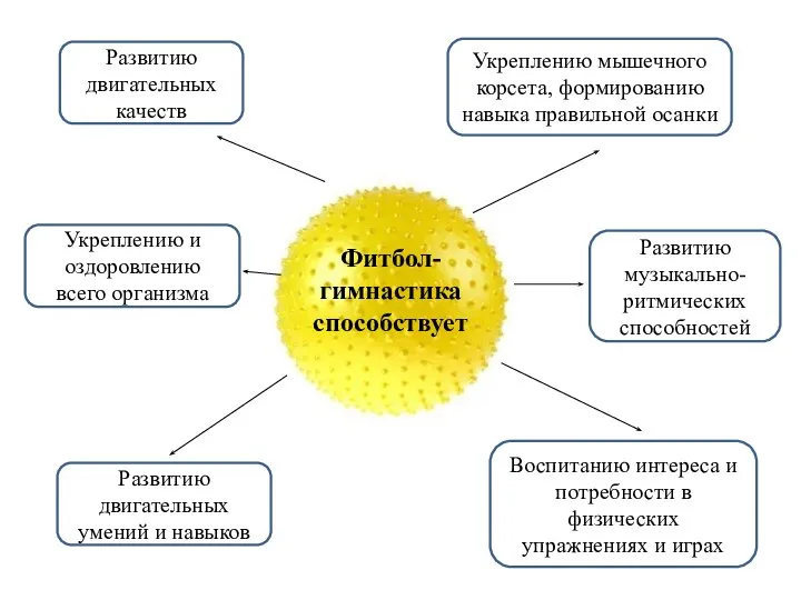 Фитбол-гимнастика способствует Развитию двигательных качеств Развитию двигательных умений и навыков Воспитанию интереса